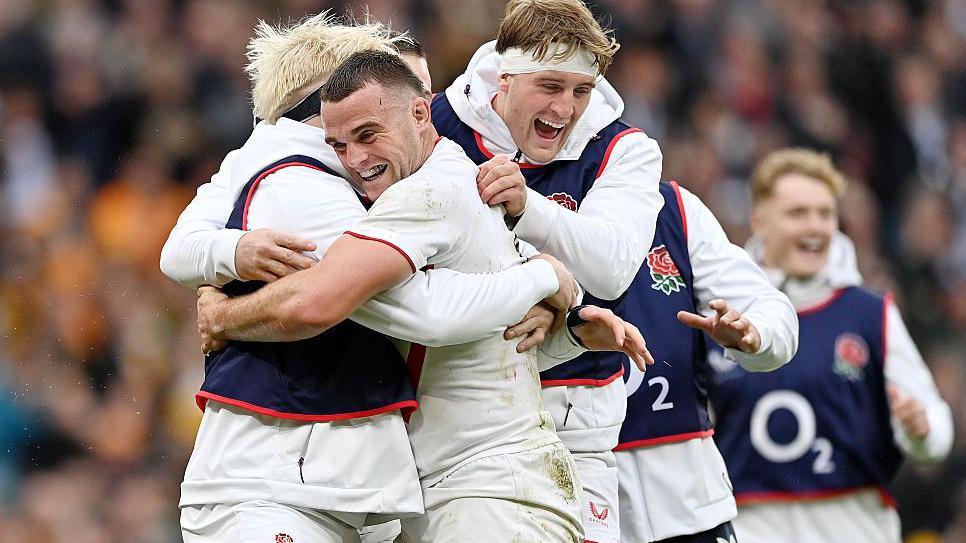 Ben Earl celebrates with replacements Henry Pollock and Alex Coles