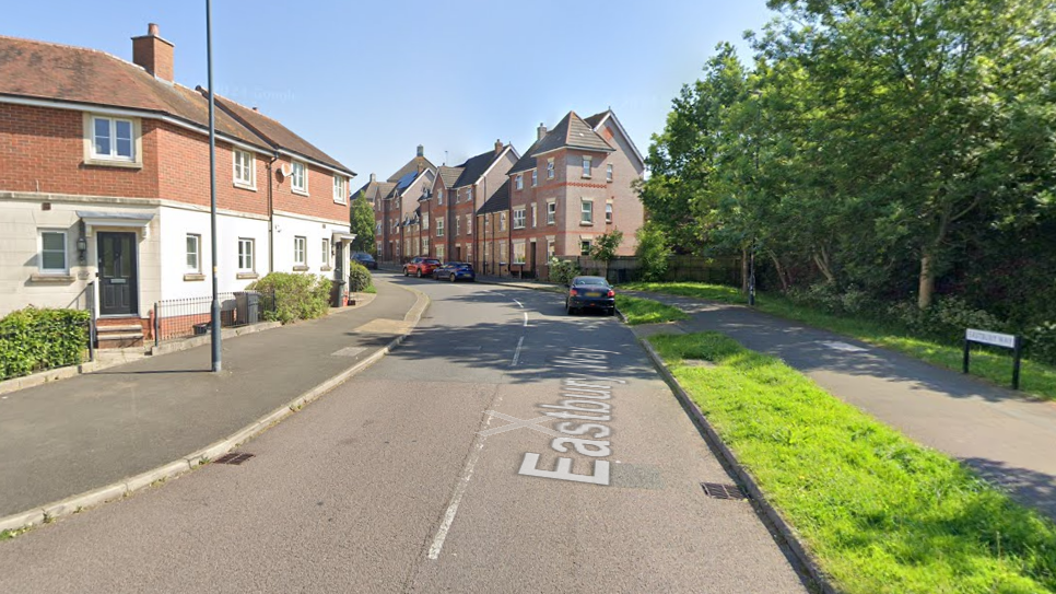 A Google Maps view of a residential estate, there is a row of houses next to trees and cars parked outside.