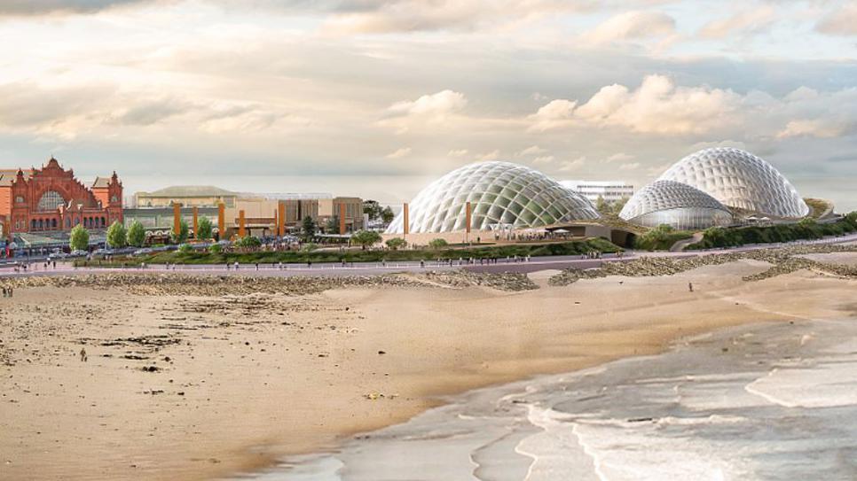 Artist impression of the Eden Project in Morecambe showing the beach and sea with three large glass domed pavilions shaped like shells