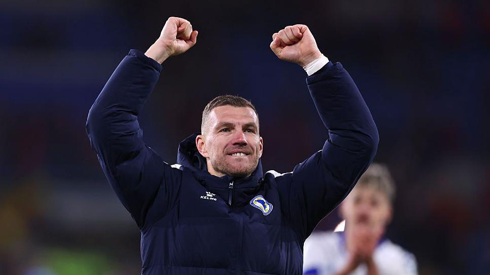 Edin Dzeko celebrates scoring against Wales