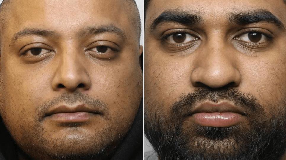 Two police custody images side by side. On the left is a man in his late 30s with a shaved head and sort beard. On the right is a younger man with a longer black beard and longer black hair.
