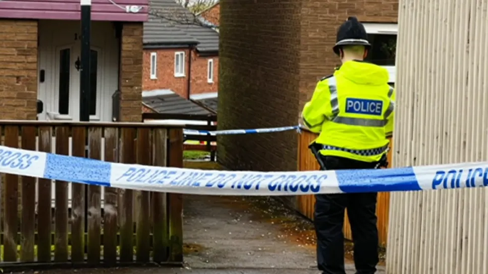 Police officer standing between police tape