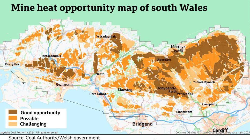 A map of south Wales which has been highlighted using different colours such as brown, orange and yellow to indicate the various coal mines with the potential for a heat scheme. 