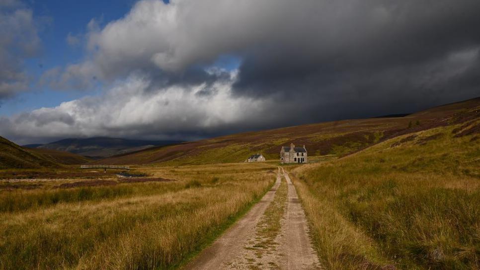 A road with houses in the distance in Glen Gairn