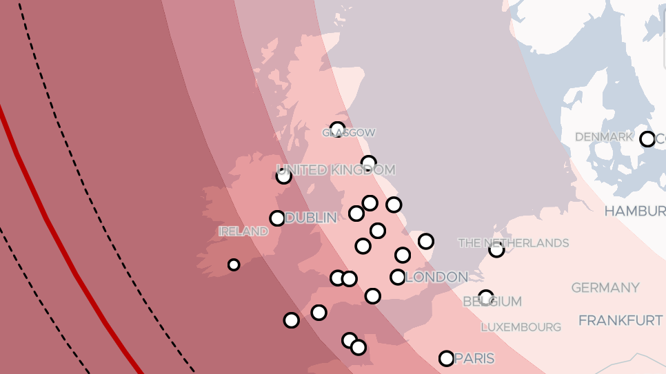 A map showing where eclipse will be visible across UK and Europe.