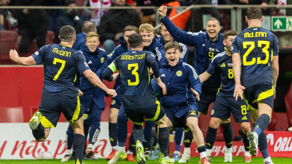 Scotland players celebrate Monday's dramatic win over Poland