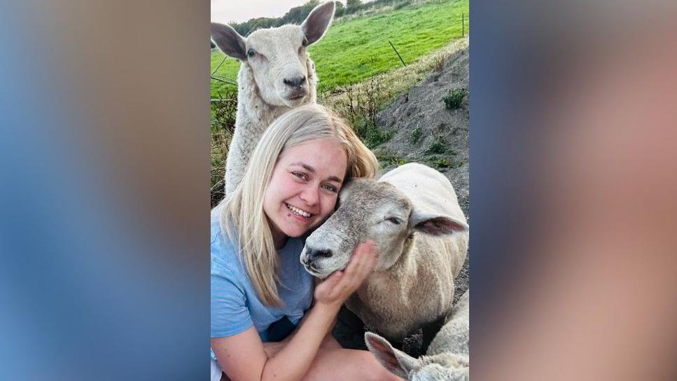 A young, blonde woman holding a sheep's face next to hers, with another stood behind her showing its face above hers and another in the lower corner of the photo