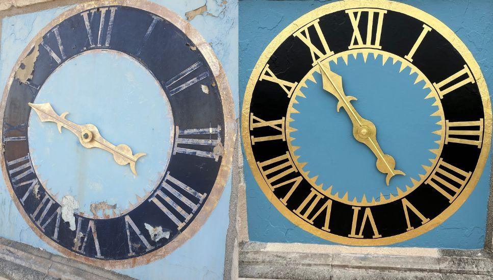 Image on the left is the clock on a faint blue background with faded Roman numerals and one big hand with the image on the right showing the clock restored on a bright blue background with yellow Roman numerals and the big hand pointing at the 11