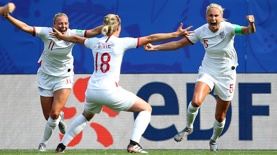 Steph Houghton, number 5, celebrates scoring for England against Cameroon at the 2019 Women's World Cup