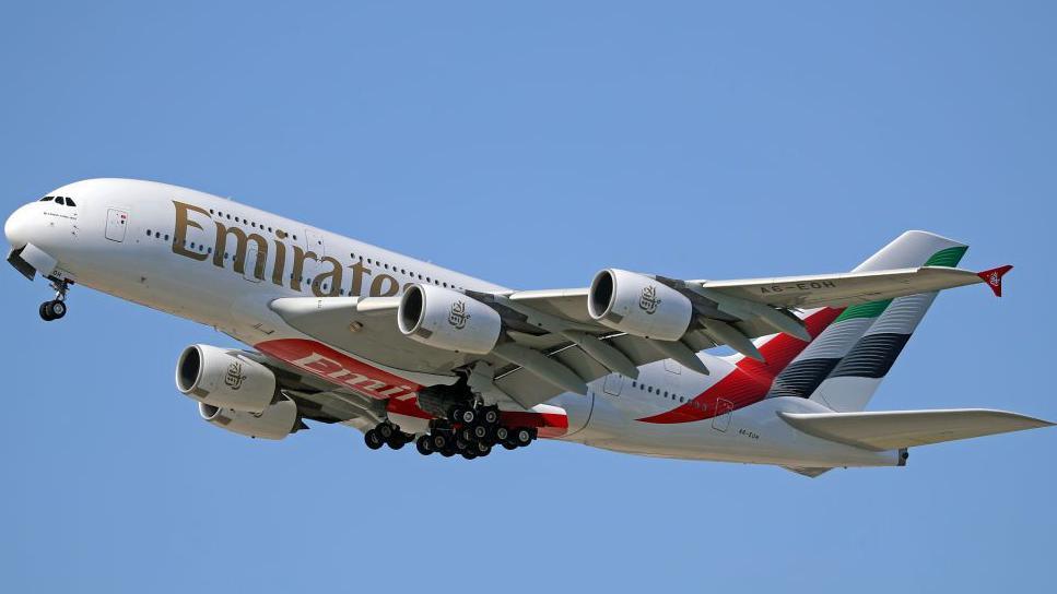 An Emirates Airbus A380-861 with the new livery is taking off from Barcelona-El Prat Airport in Barcelona, Spain, on April 12, 2024. (Photo by Joan Valls/Urbanandsport/NurPhoto via Getty Images)