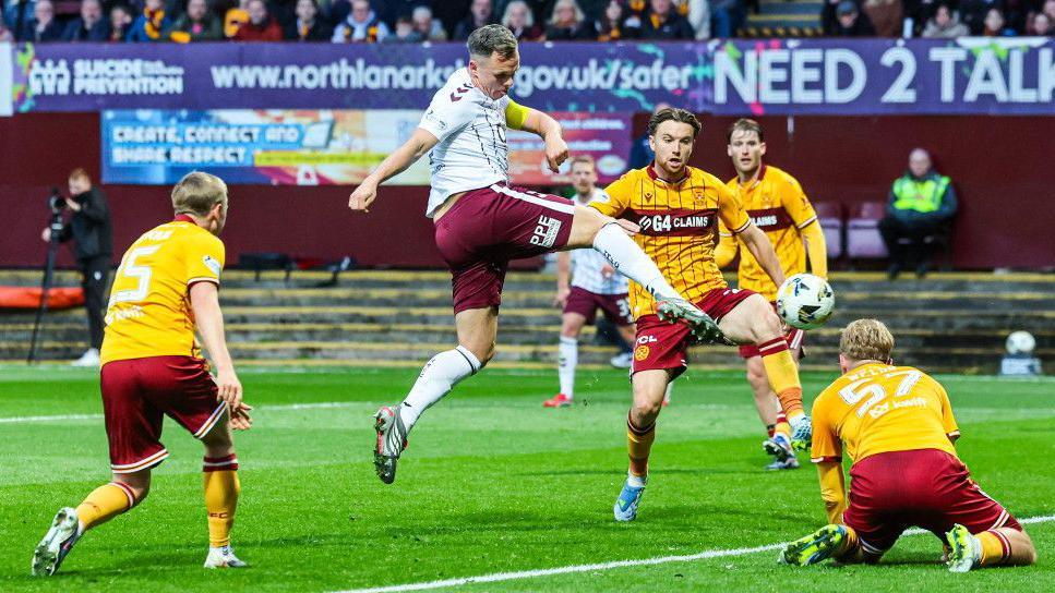 Hearts' Lawrence Shankland scores to make it 1-1 during a William Hill Premiership match between Motherwell and Heart of Midlothian at Fir Park, on May 09, 2026, in Motherwell, Scotland. 