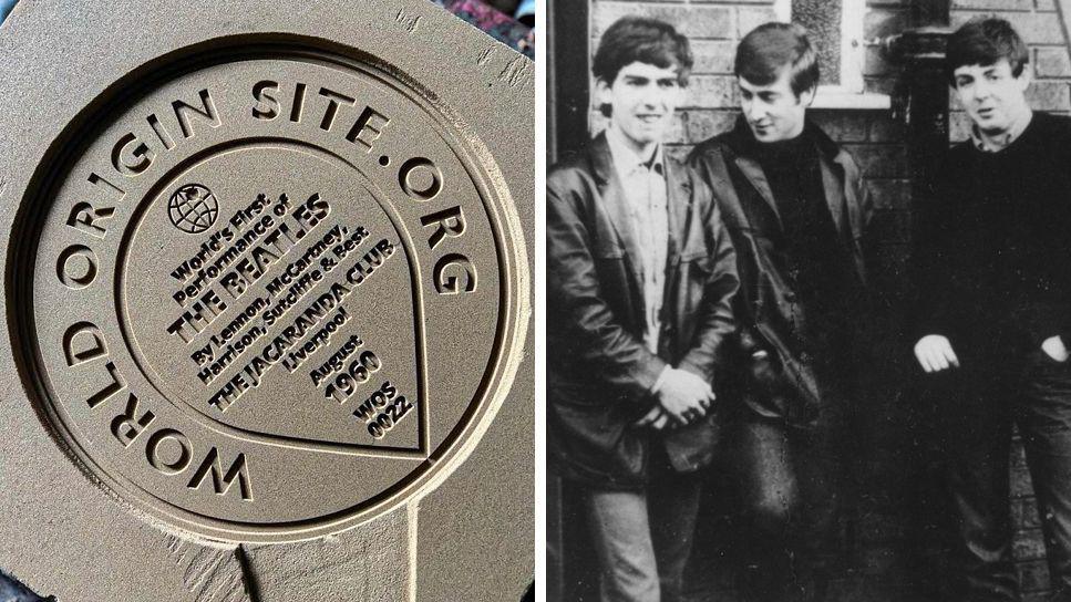 Left: Cast of the World Origin Site plaque. Right:  George Harrison, John Lennon and Paul McCartney