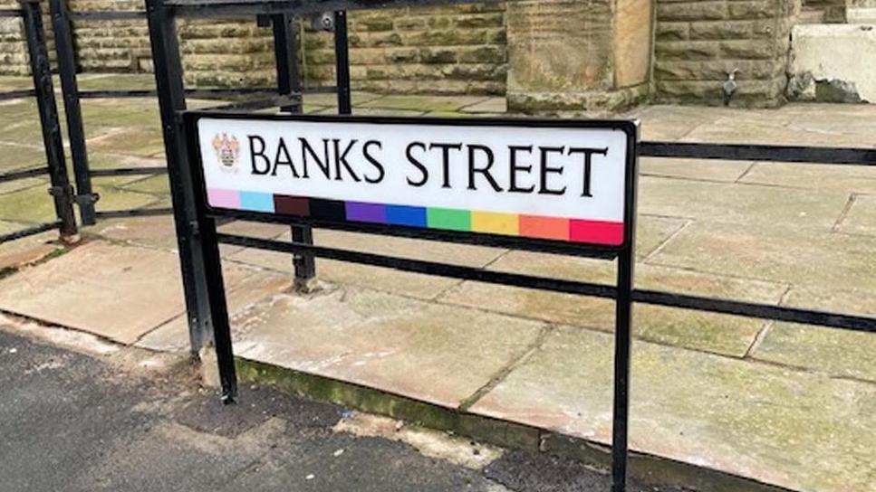 Street sign reads "Bank Street" in black letters on a white background. In a band running across the bottom of the sign, there are blocks of 10 colours.