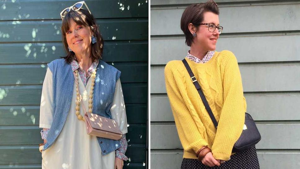 On the left, in 2025, Caroline Jones is standing against a pale green wooden background and is looking at the camera and smiling. She has brown hair and blue eyes and wears cream sunglasses on her head, a long cream beaded necklace and blue earrings. She is wearing a pink and blue floral blouse with a cream top over it and a denim waistcoat. She wears a pink shoulder bag across her body. On the right, in 2015, she stands against a light wooden background. She is wearing glasses and looking away from the camera to the left. She wears a mustard-coloured jumper over a floral blouse and a black skirt with white spots. She has a black shoulder bag across her body.