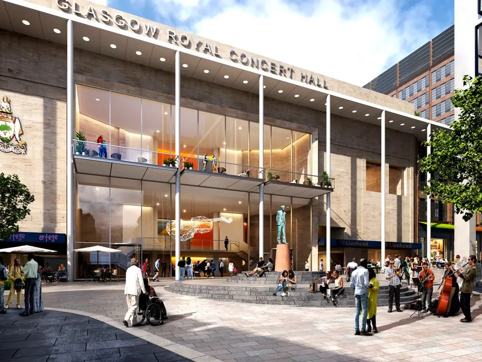 An artist's impression showing the new, smaller version of the Concert Gall steps next to Buchanan Galleries