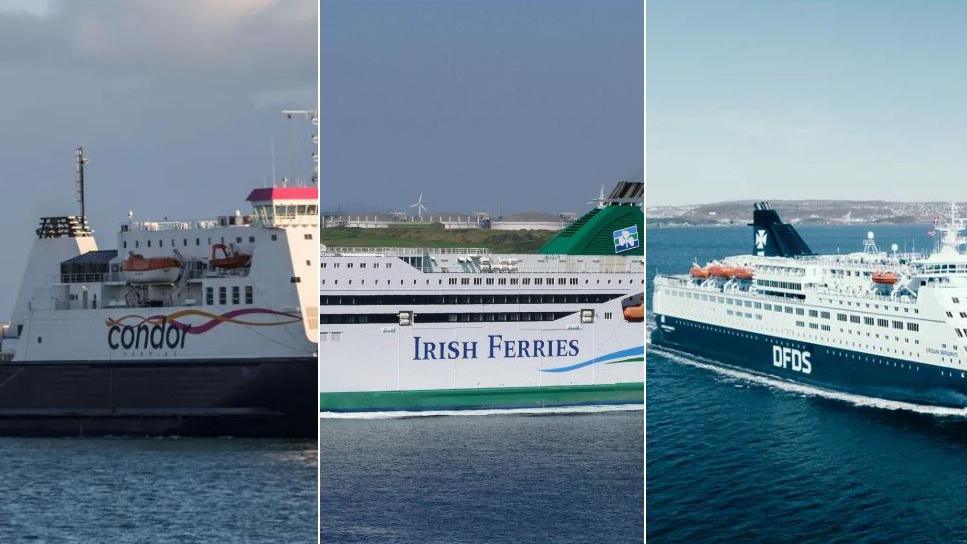 Ships from Condor, Irish Ferries and DFDS, showing the companies' logos on the vessels' sides