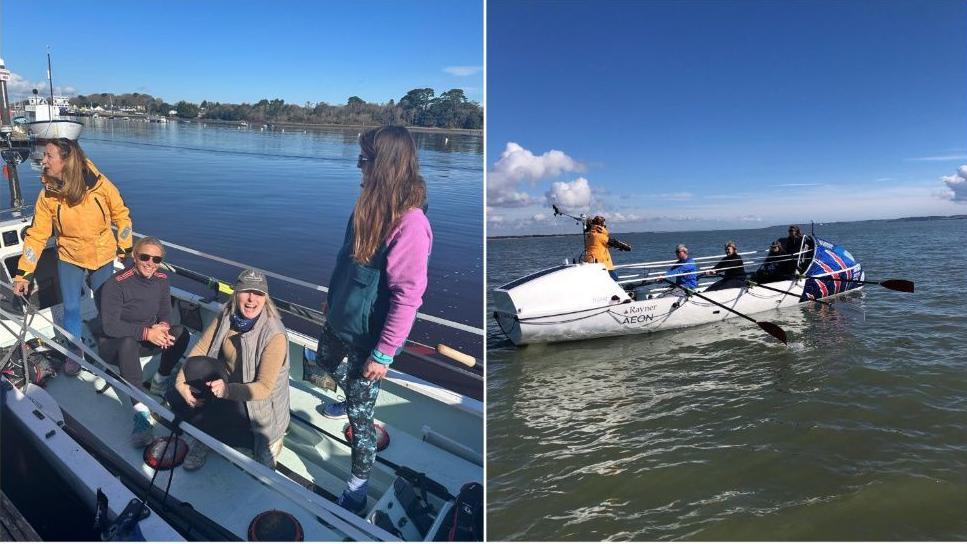 Two images - one showing four women smiling in a boat and another showing the boat in action with people moving the oars