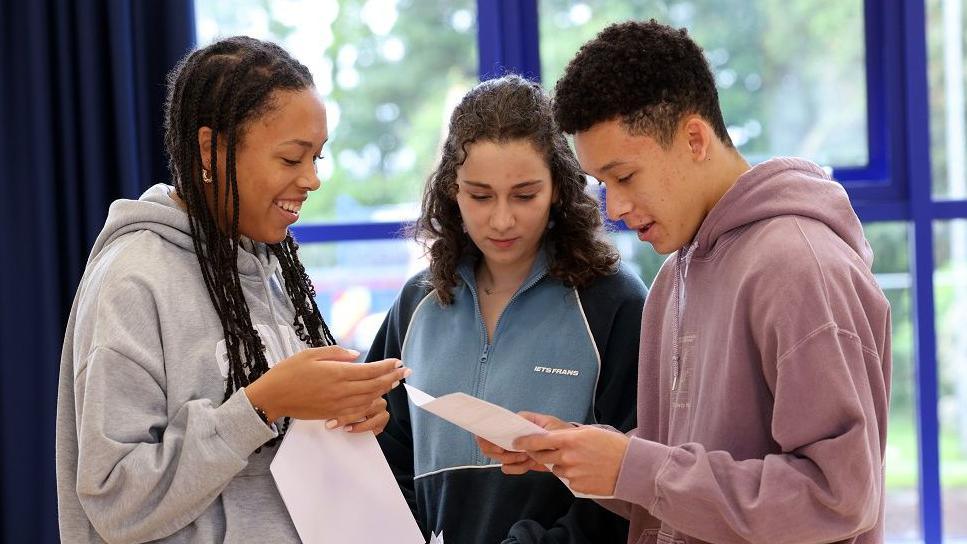 Two young women and a young man opening results at Belfast High School 