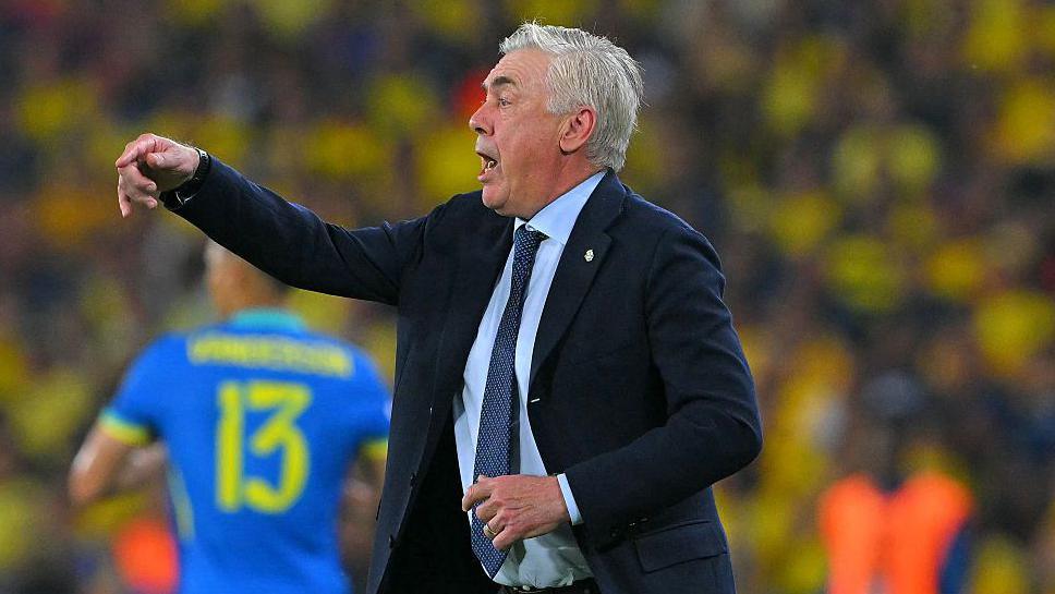 Carlo Ancelotti gives instructions during Brazil's match against Ecuador