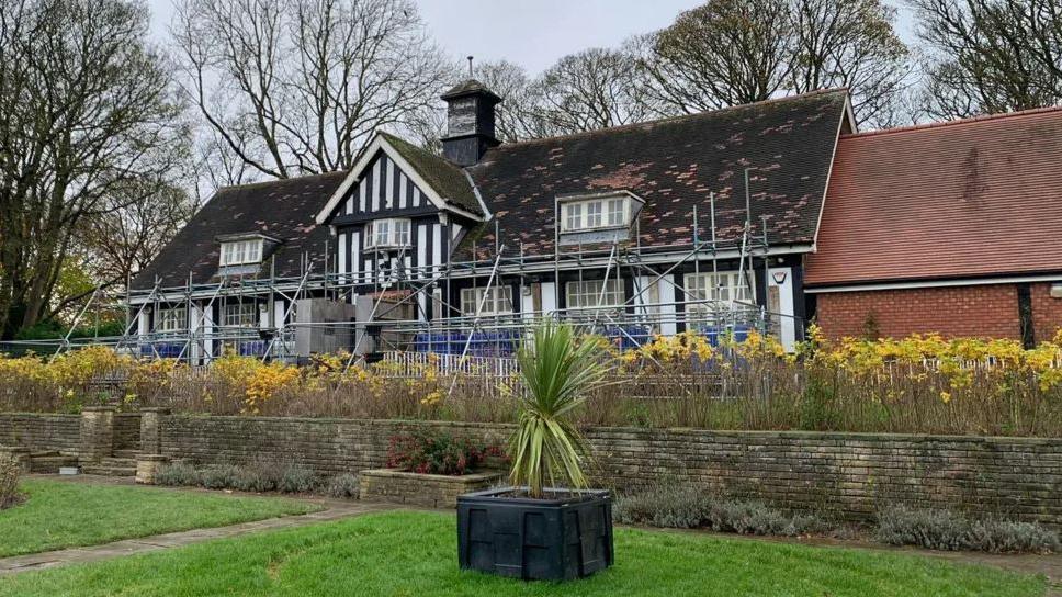 Rose Garden Cafe in Sheffield Graves Park, shown with scaffolding