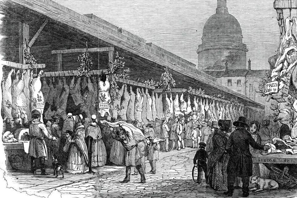 From "Illustrated London News", 1845. Haunches of meat for sale at a London street market 