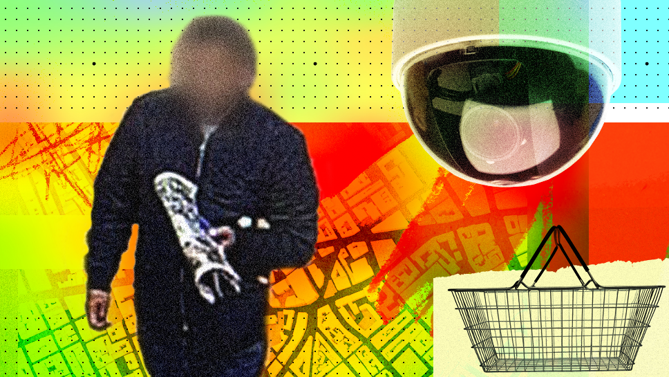 Designed image of a shoplifter taken from CCTV, with his face blurred and holding a newspaper, wearing a black bomber jacket and dark jeans. Behind him is an image representing streets on a map, coloured red and yellow on the right-hand-side is an image of a metal shopping basket, and a store CCTV camera on the top right. 