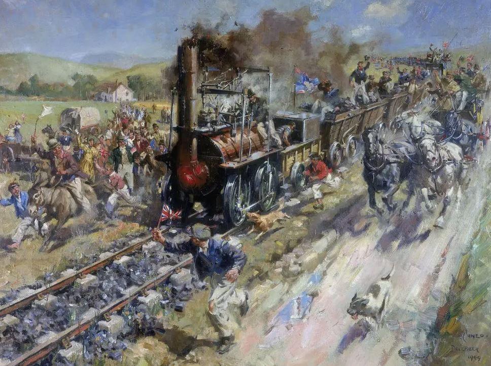 A painting showing a steam engine charging down a line with people on horses running alongside. There is a small boy in a flat cap running at the front waving a Union Jack and a small dog beside him. Black smoke is thundering from the funnel, the painting gives the impression of barely controlled energy and excitement.
