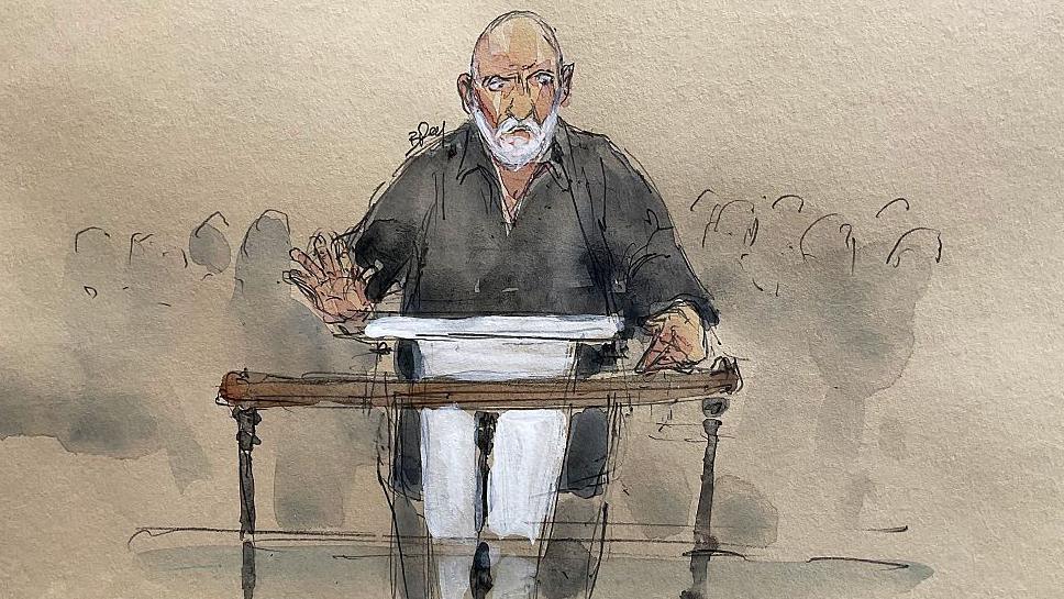 A court sketch of Dubreucq standing in court.