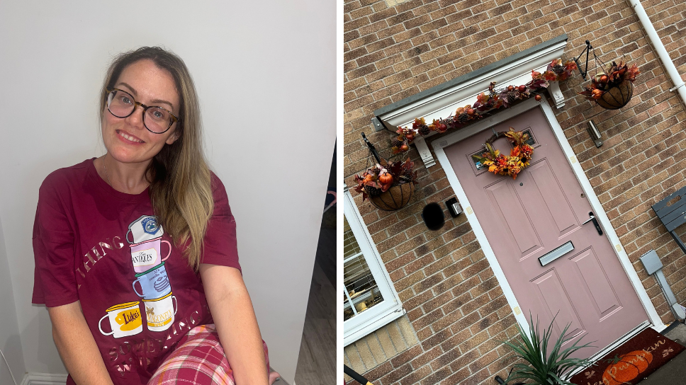 Two pictures side by side. On the right is a woman with long light brown hair and glasses. She is sat down with a white wall behind her and is wearing red pyjamas - the top has a stack of mugs on it references to the TV series Gilmore Girls, while the trousers are check design. On the right is a picture of a pink front door, which has autumnal orange garland along the top, autumn hanging baskets on either side and an orange wreath hung on it. Bellow is a brown mat with an orange pumpkin on it.