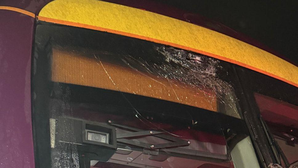 A smashed windscreen of an East Midlands Railway Train after a rock was thrown from Allsops Bridge onto the oncoming train.