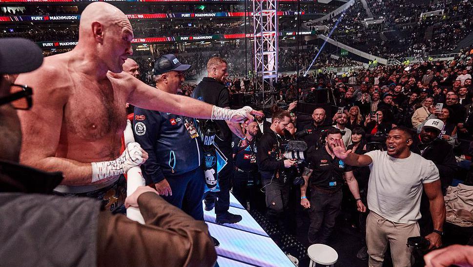 Tyson Fury points at Anthony Joshua