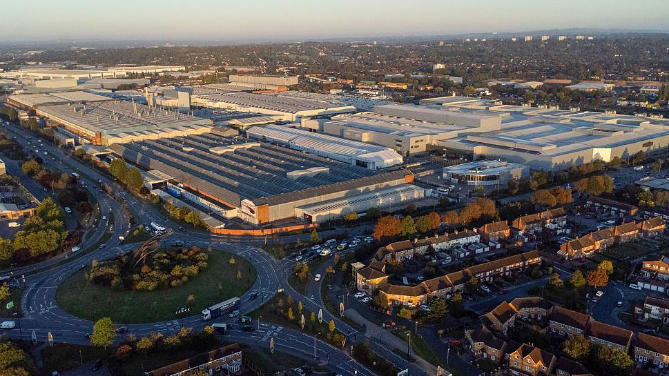 Drone image of a Jaguar Land Rover vehicle manufacturing plant in Castle Bromwich, UK.