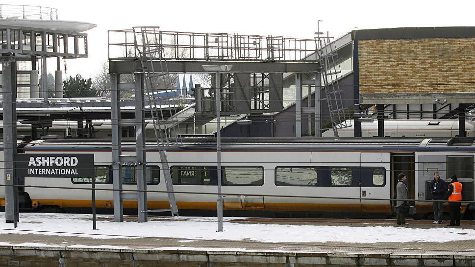 A broken down Eurostar train from Brussels to London is pictured at Ashford International station in Kent