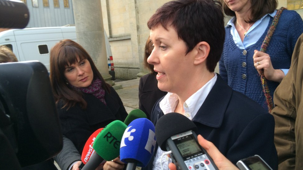 Shows Pauline Tully speaking to reporters about the knife attack carried out by Pearse McAuley