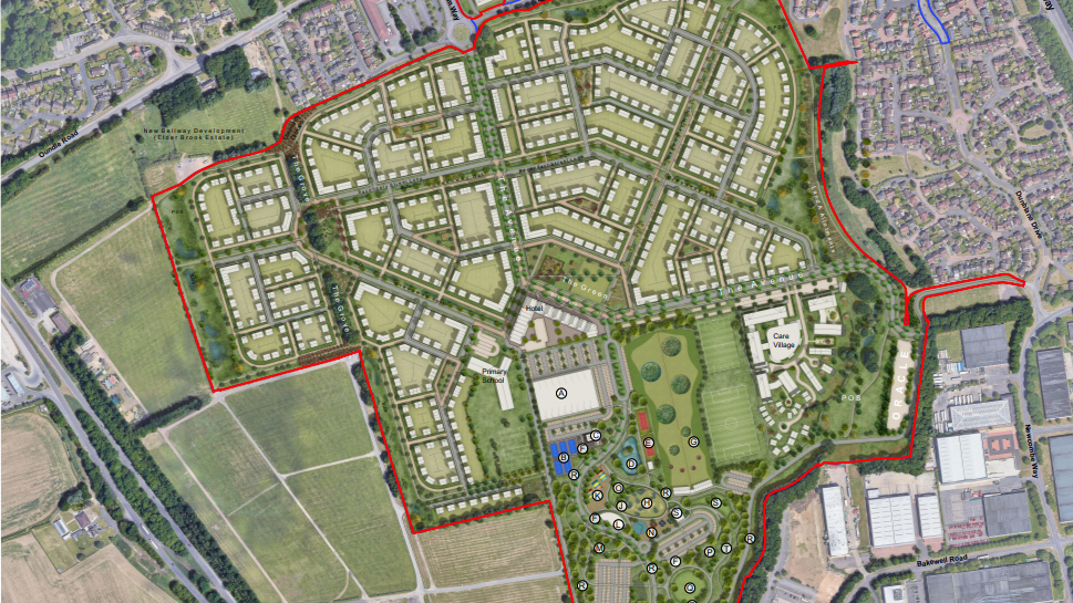 Plans of the showground development, it shows clusters of houses and a few larger buildings, one of them is marked as a primary school and the other a care village.