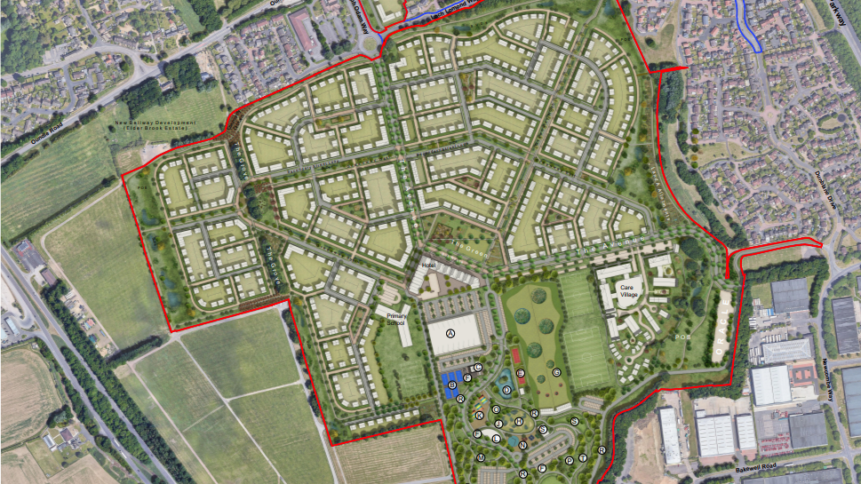 Aerial view of plans for the showground, there are many houses and other buildings including a primary school and care village