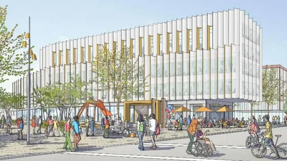 Artist impression of the new university campus showing a tall white building that looks like it is made of long white rectangles slotted together with people milling around the front