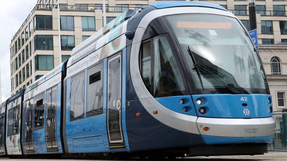 A tram in Birmingham city centre