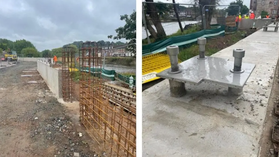 Two images capture the engineering work that's been part of the scheme. One shows metal framework on the ground next to the river and another a flat concrete floor with a flat and square metal shape above the ground.