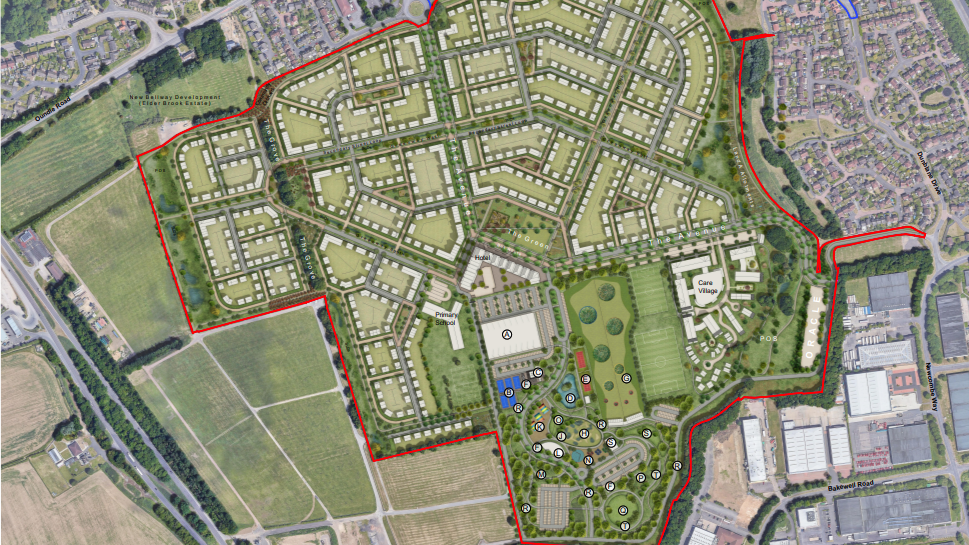 Aerial mock-up of the showground site planned by AEPG, there are a number of smaller buildings and three larger buildings which are named as "care village", "hotel" and "primary school".