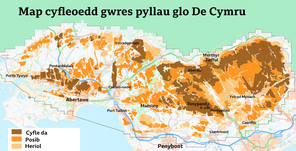 Map cyfleoedd gwres pyllau glo de Cymru