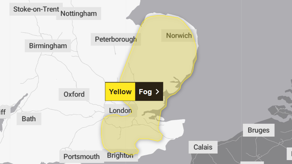 A map of the south of England shows a large area of the east covered by a yellow warning for fog using the colour over a grey map.