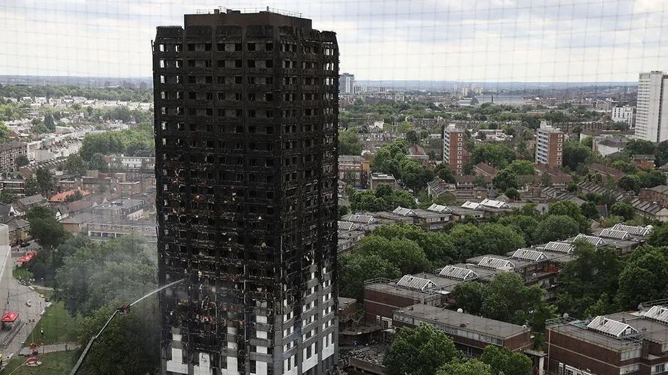 The Grenfell Tower in London shown burnt out after the fire in 2017