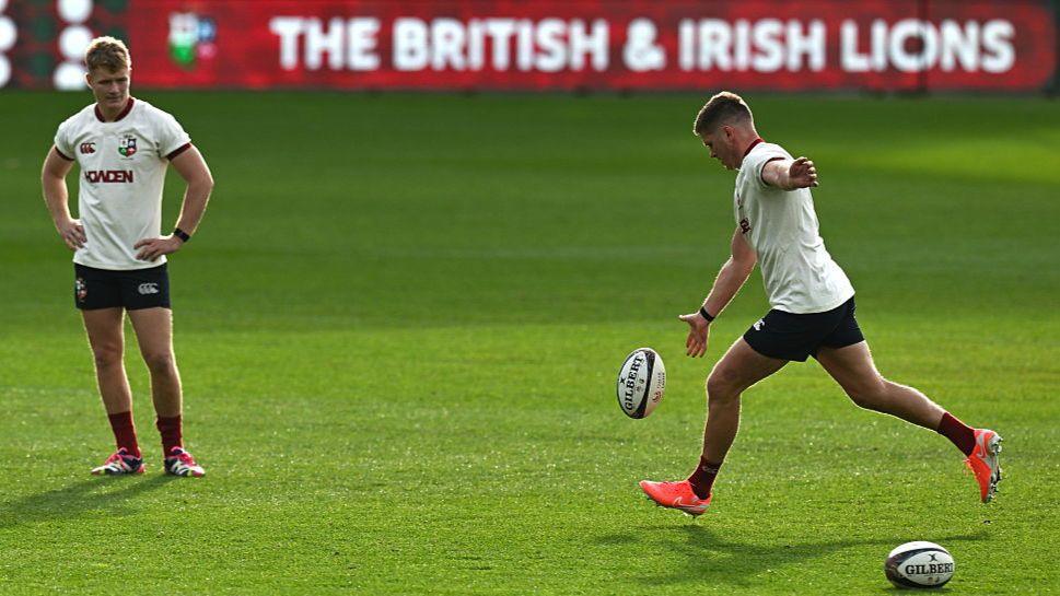 Owen Farrell (right) practised his kicking alongside starting fly-half Fin Smith at Adelaide Oval on Friday