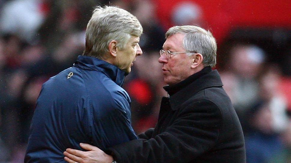 Probably the defining managerial rivalry in Premier League history, Arsene Wenger pictured with Sir Alex Ferguson in 2008.