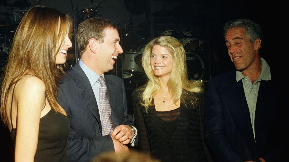 Prince Andrew pictured smiling alongside convicted sex offender Jeffrey Epstein and Melania Trump at Mar-a-Lago