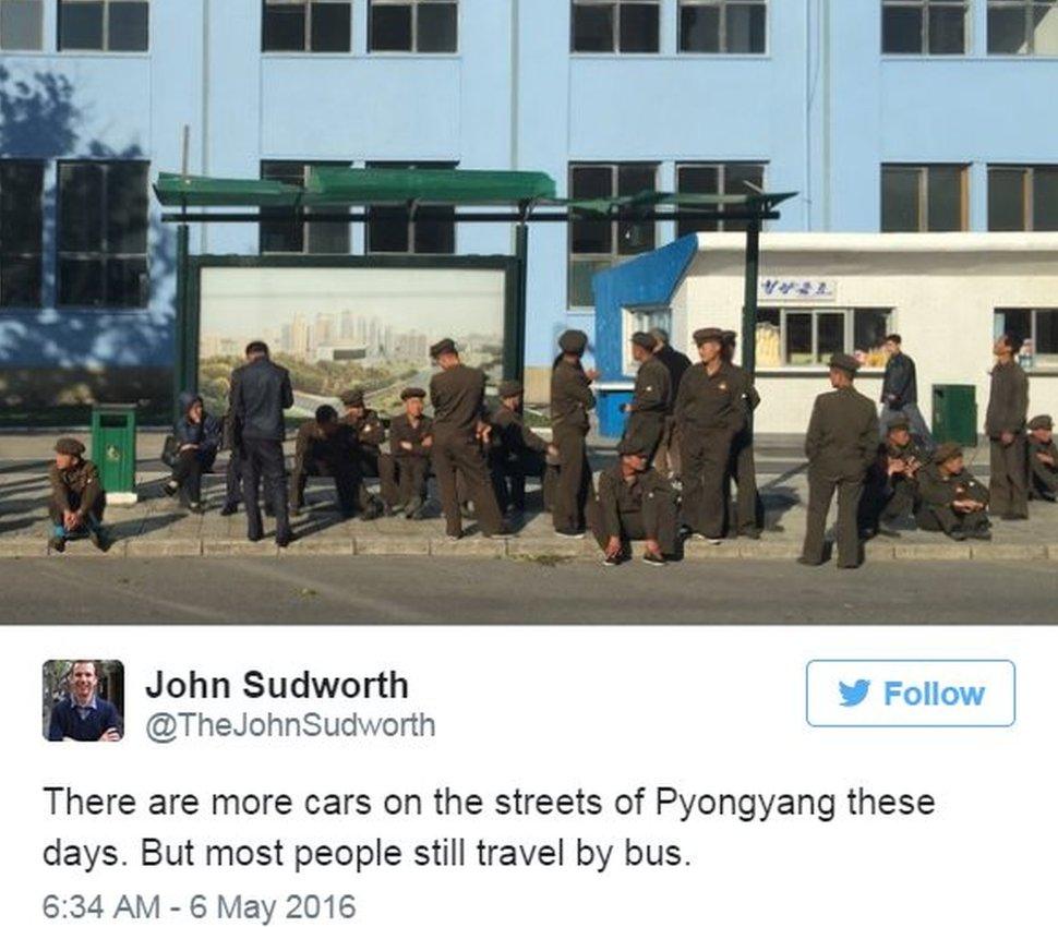 Tweet by BBC correspondent visiting Pyongyang: "There are more cars on the streets of Pyongyang these days, but most people still travel by bus."