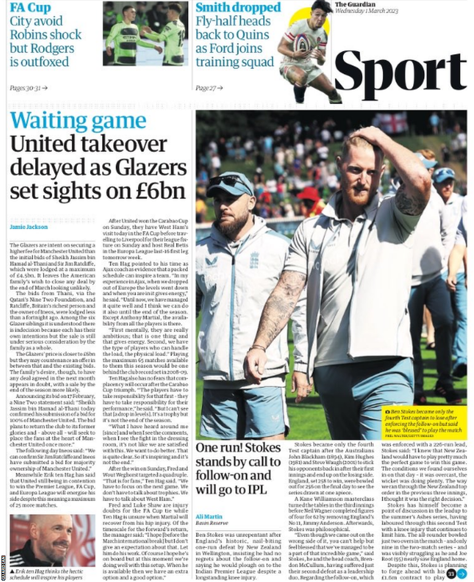 Main sport page in the Guardian on 1 March 2023