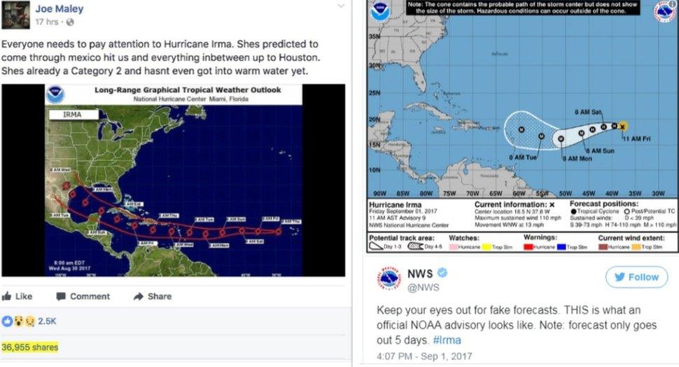 A popular Facebook post (L) posted a picture of Irma heading for Houston Texas. NOAA (R) tweeted a warning about fake forecasts with an official image of the hurricane's trajectory.