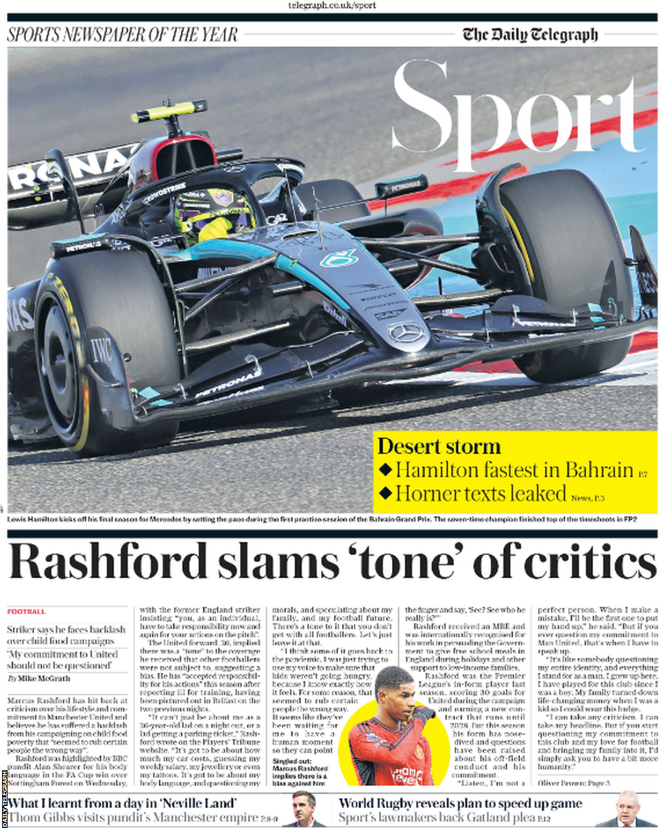 Lead sport page of the Daily Telegraph on 1 March 2024